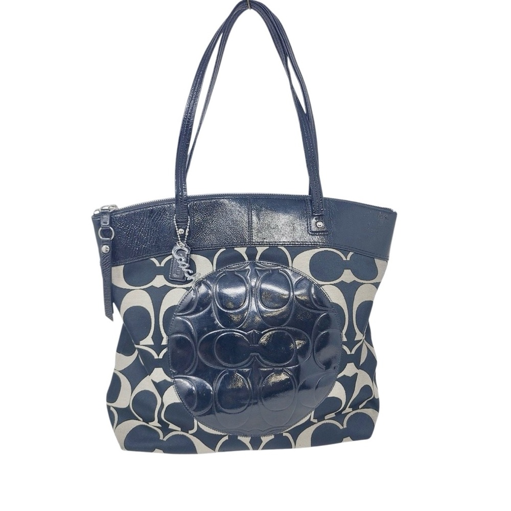 Coach Laura Signature Tote Bag – Black/Gray Canvas with Patent Leather Trim